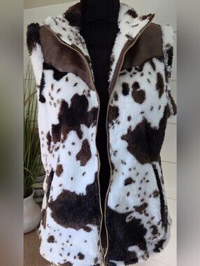 NWT Faux Cow Print Fur Vest Western Boho Plush Zip Up Jacket Autumn Outerwear L